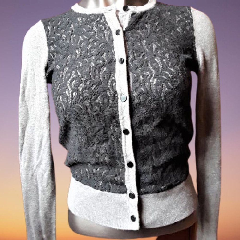 Ann Taylor Black Lace Gray Cardigan Sweater SZ: XS